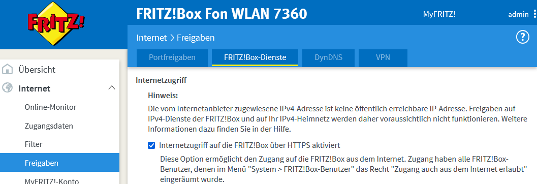 Fritz!Box Einstellungen für Zugriff auf die Oberfläche via WAN